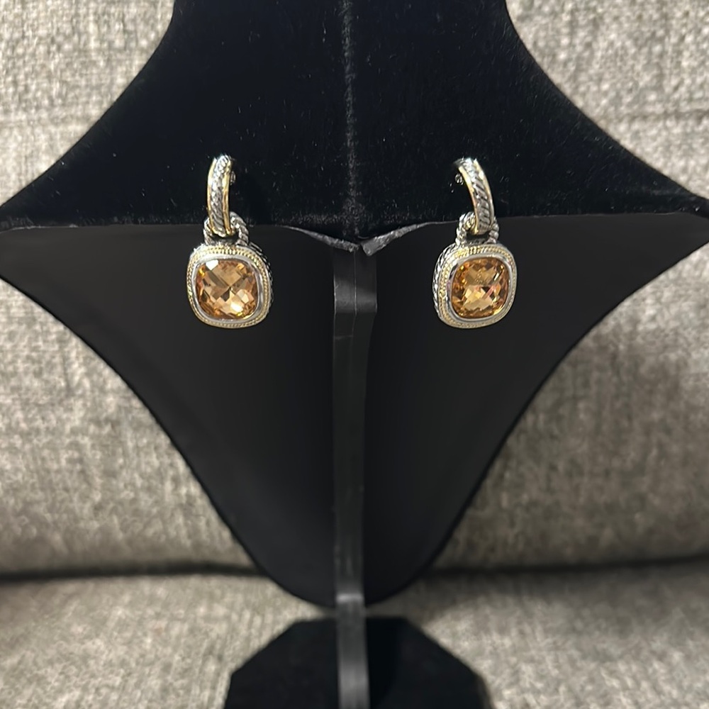 Gold and Silver Drop Earrings with Cushion-Cut Stones